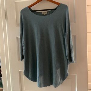 Repeat cotton blend top in soft blue. EUC